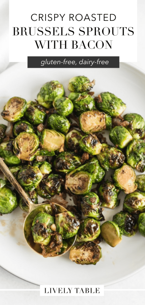 overhead view of bacon bourbon brown sugar brussels sprouts on a plate with a gold spoon in them with text overlay.