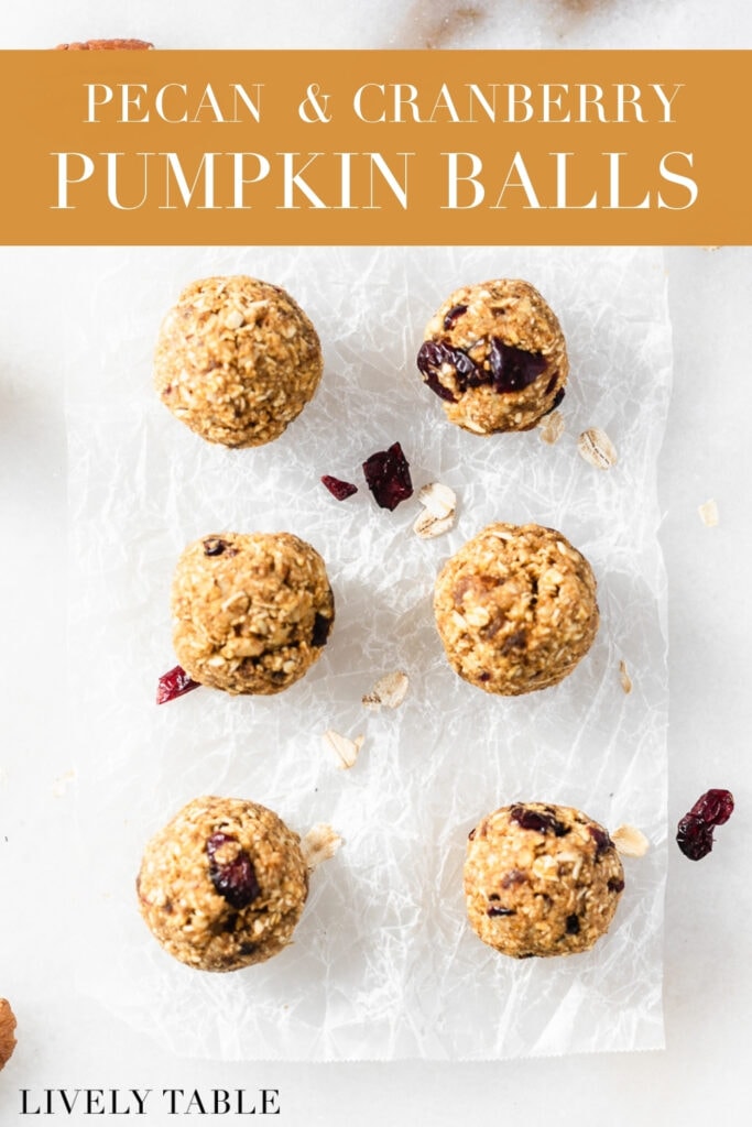 overhead view of pumpkin protein balls on a piece of parchment with text overlay.