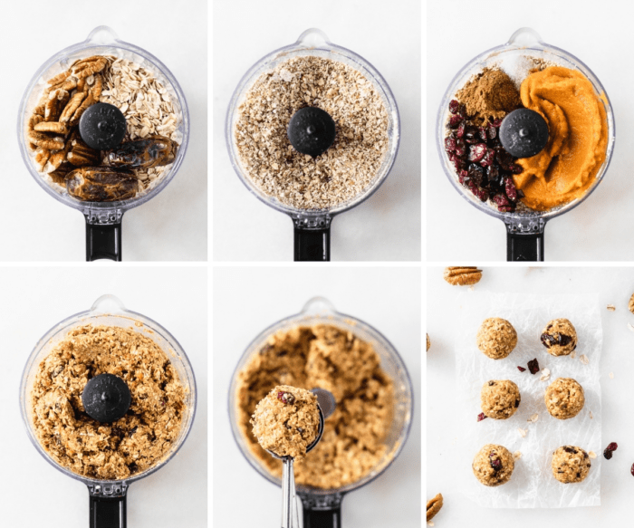 six image collage showing steps for making healthy pumpkin protein balls.