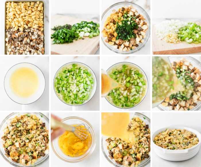 12 image collage showing steps for making cornbread stuffing.