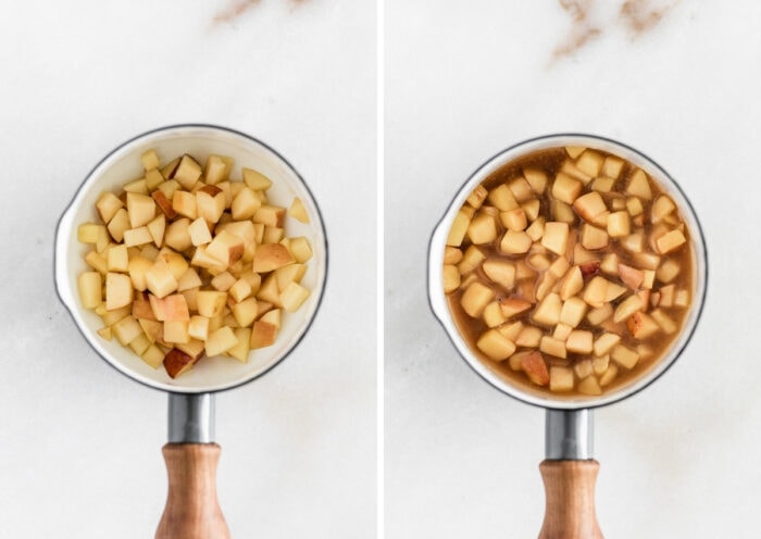 collage showing an overhead view of diced apples in a saucepan, and finished caramel apple sauce in the saucepan.