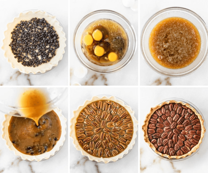 six image collage showing steps for making bourbon chocolate chip pecan pie.