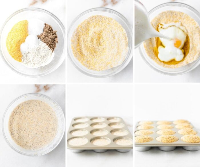 6 image collage showing steps for making gluten free cornbread muffins with polenta and rice flour.