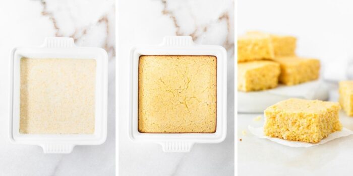 3 image collage showing gluten free polenta cornbread batter in a white square dish, the baked cornbread in the dish, and polenta cornbread squares.