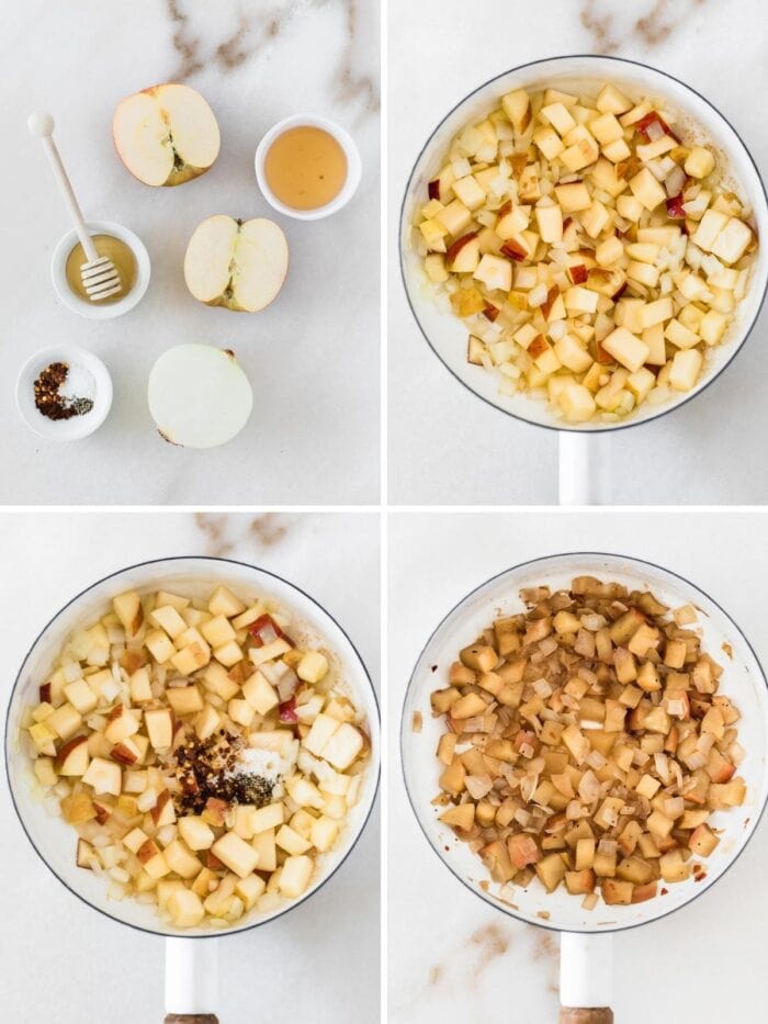 four image collage showing steps for making spicy apple onion chutney.