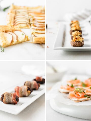 four image collage of various easy party appetizers.