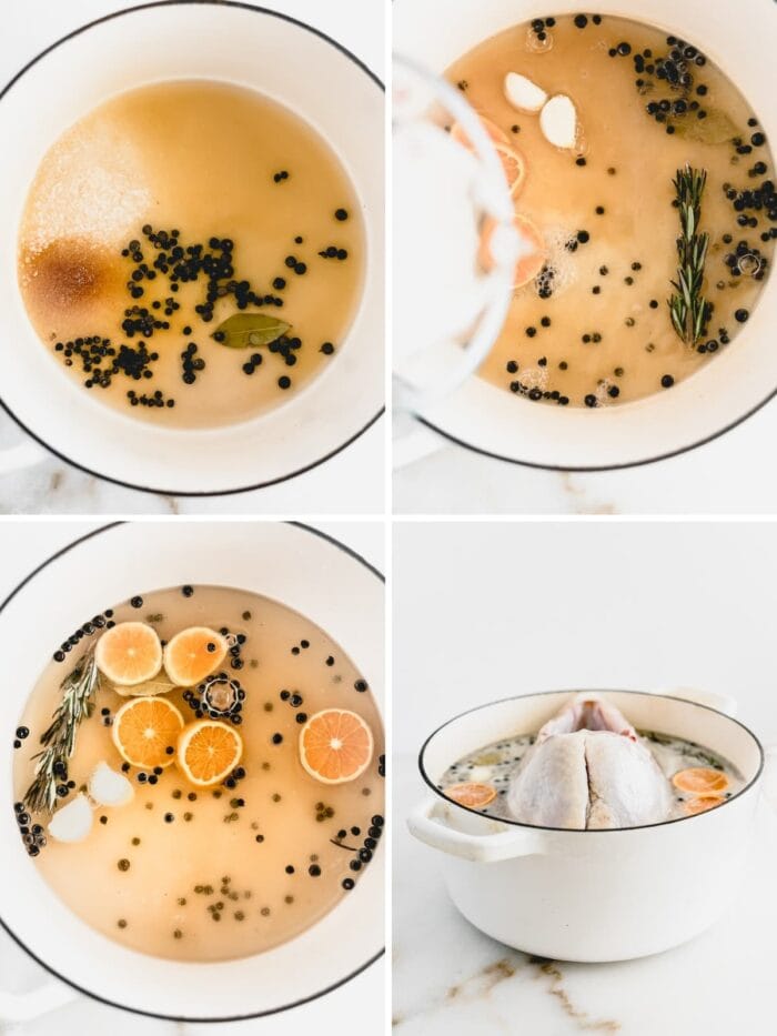 four image collage showing steps to making a turkey brine.