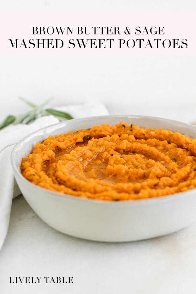 pinterest image with text for brown butter sage mashed sweet potatoes.