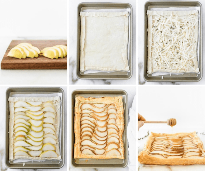 six image collage showing steps for making a pear puff pastry tart.