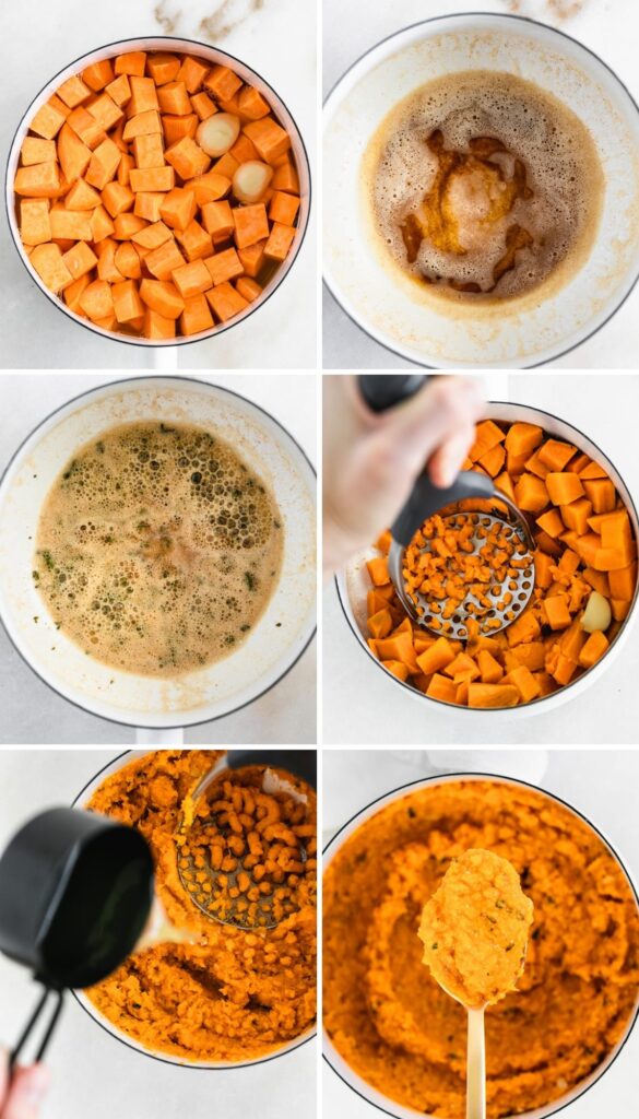 six image collage showing steps for making brown butter sage mashed sweet potatoes in a white pot.