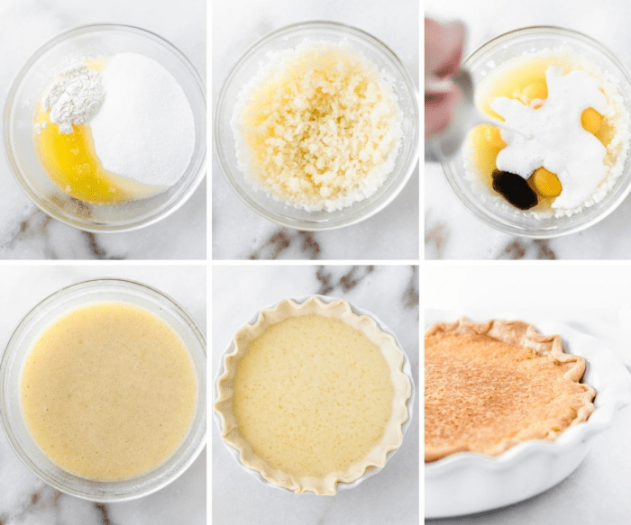 six image collage showing steps for making southern buttermilk pie.