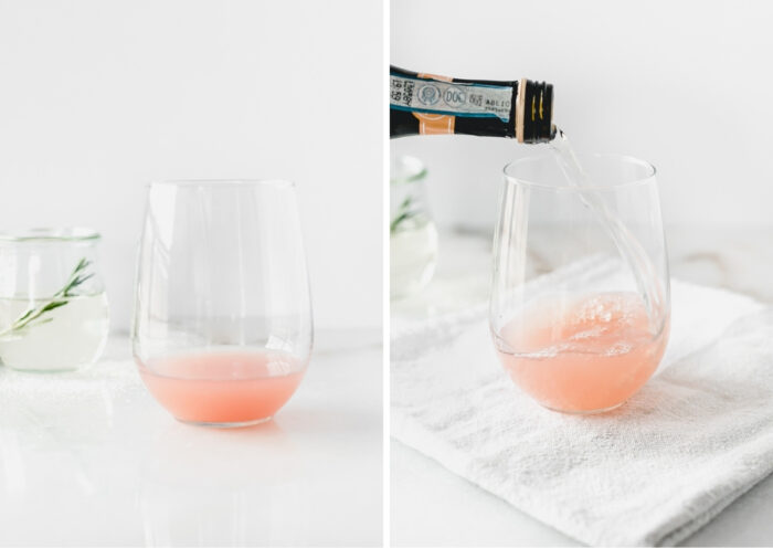collage showing grapefruit juice in a wine glass and prosecco being poured into the glass to make a cocktail.