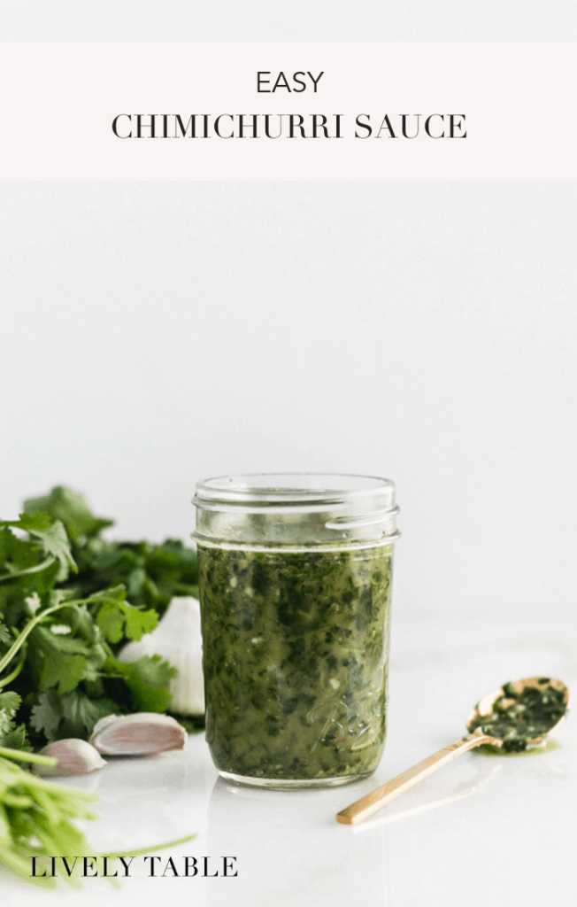 This easy chimichurri sauce recipe is the best way to use up extra fresh herbs, and it makes a delicious, flavorful topper for steak, chicken, shrimp, and vegetables! (#glutenfree, #vegan, #nutfree) #chimichurri #sauce #herbs #cilantro #parsley #grilling #easy #healthy #recipes