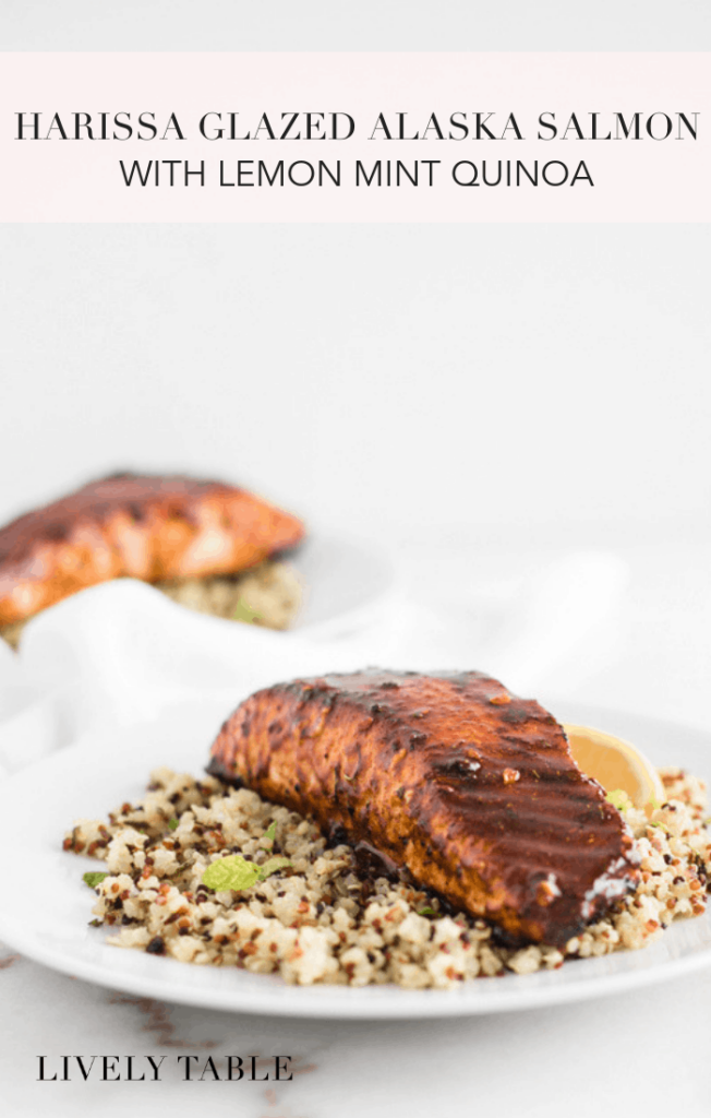 Looking to add more seafood to your diet? This heart-healthy harissa glazed Alaska salmon with lemon mint quinoa is a delicious, healthy way to switch up your weeknight dinner routine! It’s full of flavor and ready in less than 30 minutes. (gluten-free, dairy-free, nut-free) #ad #AskforAlaska #hearthealth #seafood #salmon #healthy #dinner #recipes #30minutemeals