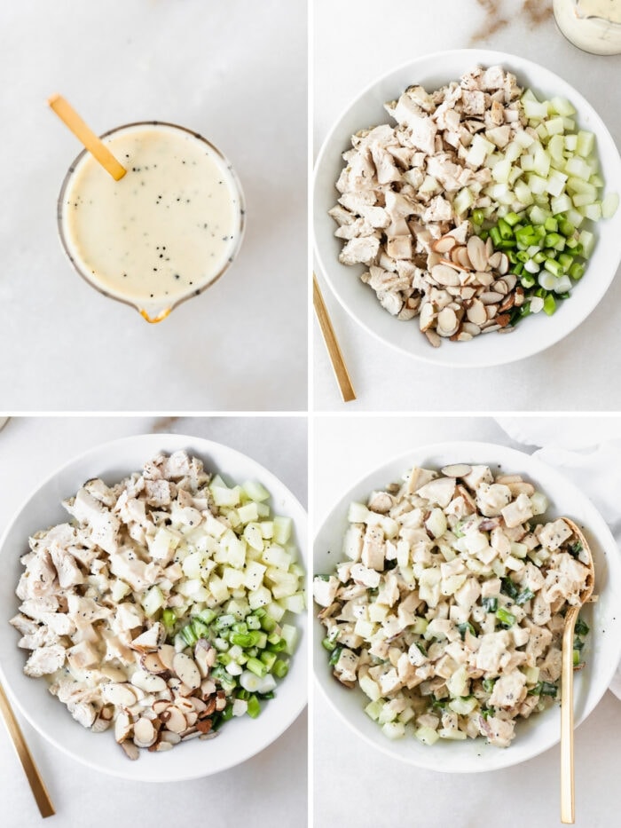 four image collage showing steps for making orange poppy seed chicken salad.