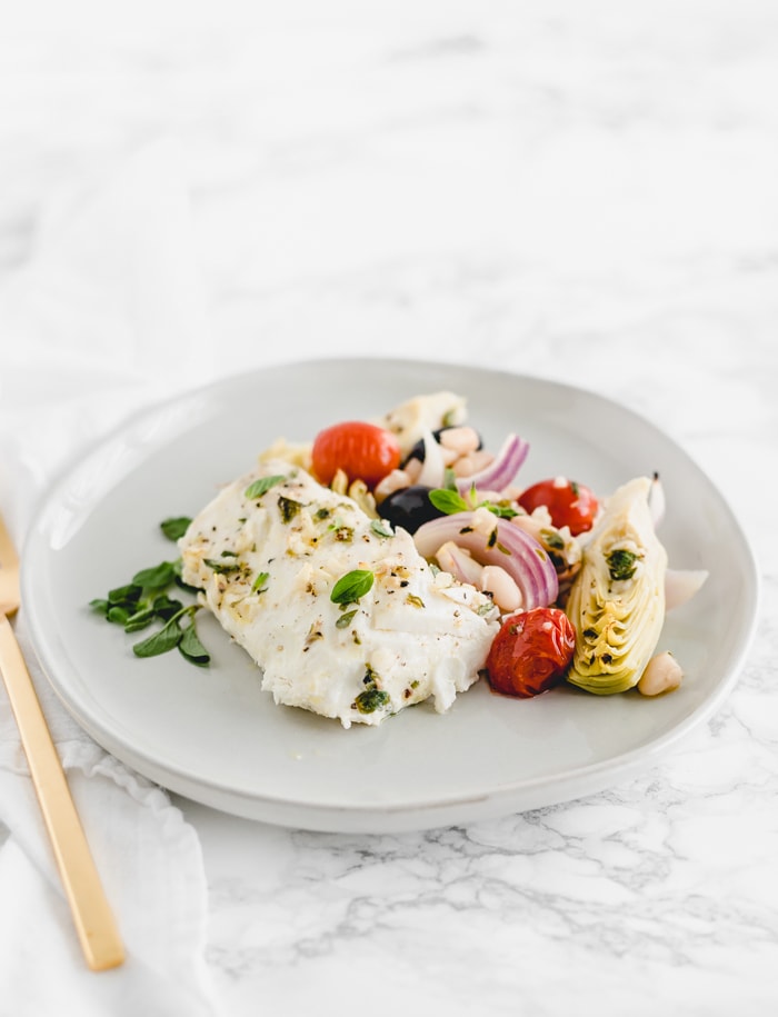 Easy Sheet Pan Mediterranean Baked Alaska Whitefish plated