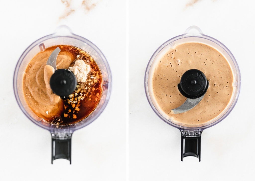 side by side images showing how to make thai peanut sauce in a food processor.