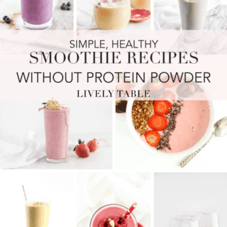 Love smoothies, but don't love protein powder? Try one or all of these 9 simple, healthy smoothie recipes without protein powder for breakfast, a snack or quick dessert! #smoothies #recipes #roundup #healthy #noproteinpowder #easy #breakfast #snack #fruitsmoothie
