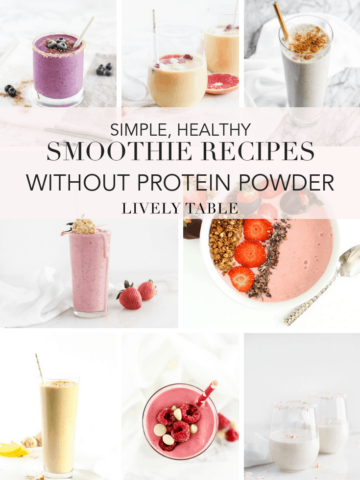 Love smoothies, but don't love protein powder? Try one or all of these 9 simple, healthy smoothie recipes without protein powder for breakfast, a snack or quick dessert! #smoothies #recipes #roundup #healthy #noproteinpowder #easy #breakfast #snack #fruitsmoothie