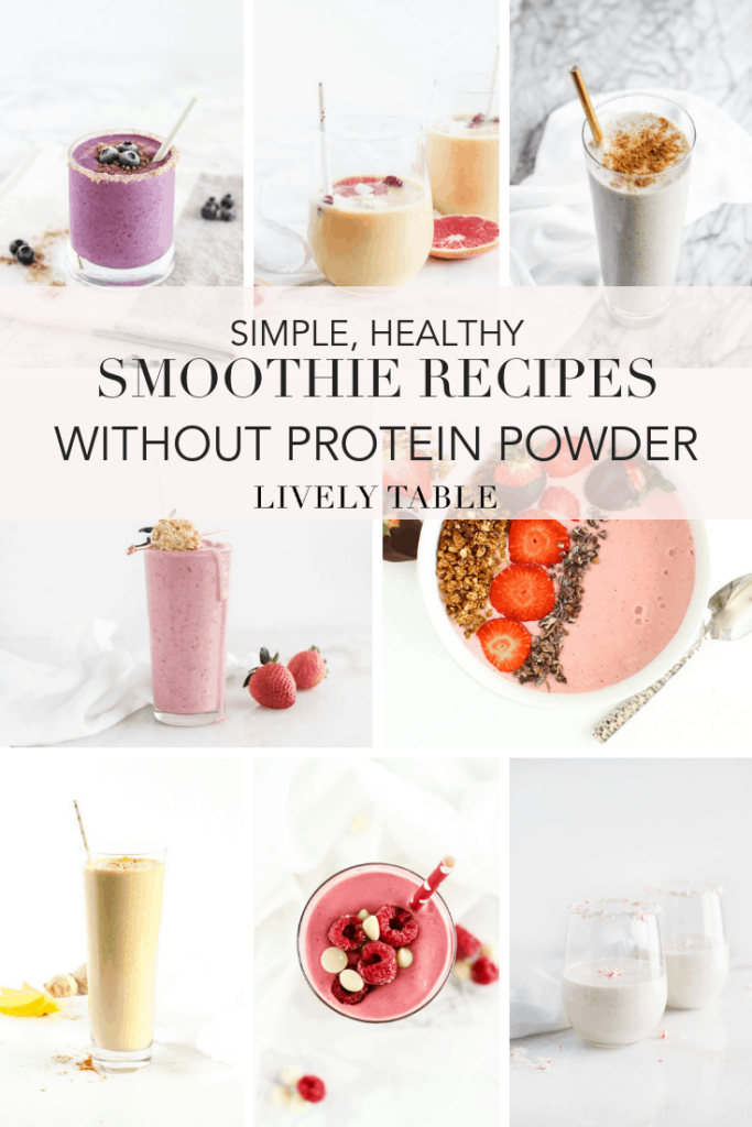 Love smoothies, but don't love protein powder? Try one or all of these 9 simple, healthy smoothie recipes without protein powder for breakfast, a snack or quick dessert! #smoothies #recipes #roundup #healthy #noproteinpowder #easy #breakfast #snack #fruitsmoothie