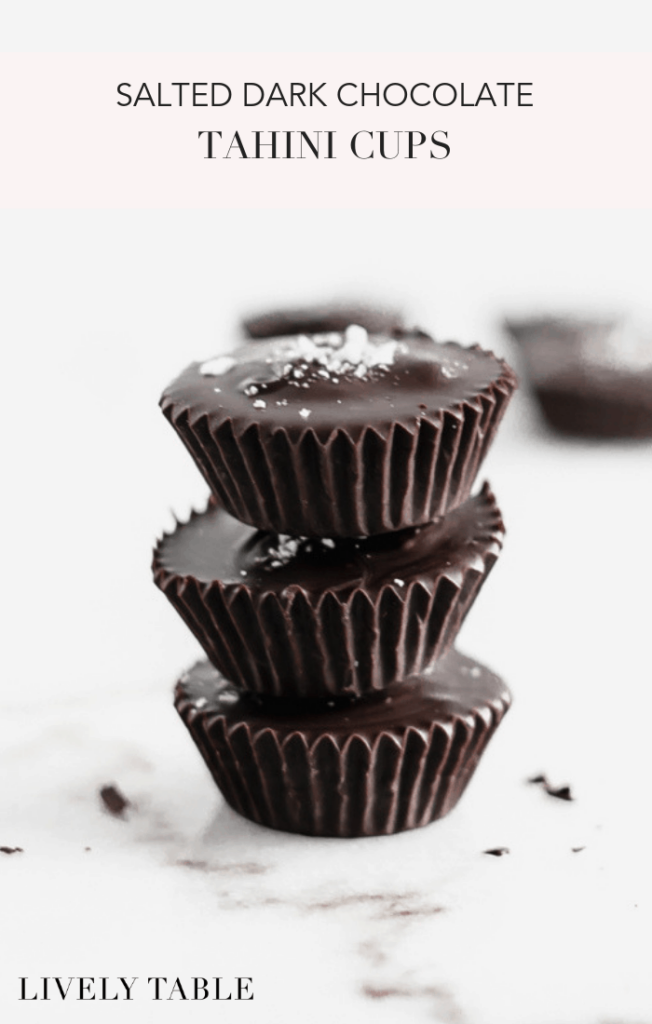Satisfy your sweet tooth with these delicious salted dark chocolate tahini cups. They're a grown up version of your favorite peanut butter and chocolate candy - less sweet and perfect for an after dinner treat! (#glutenfree, #nutfree, #dairyfree and #vegan options) #darkchocolate #tahini #dessert #salted #recipes
