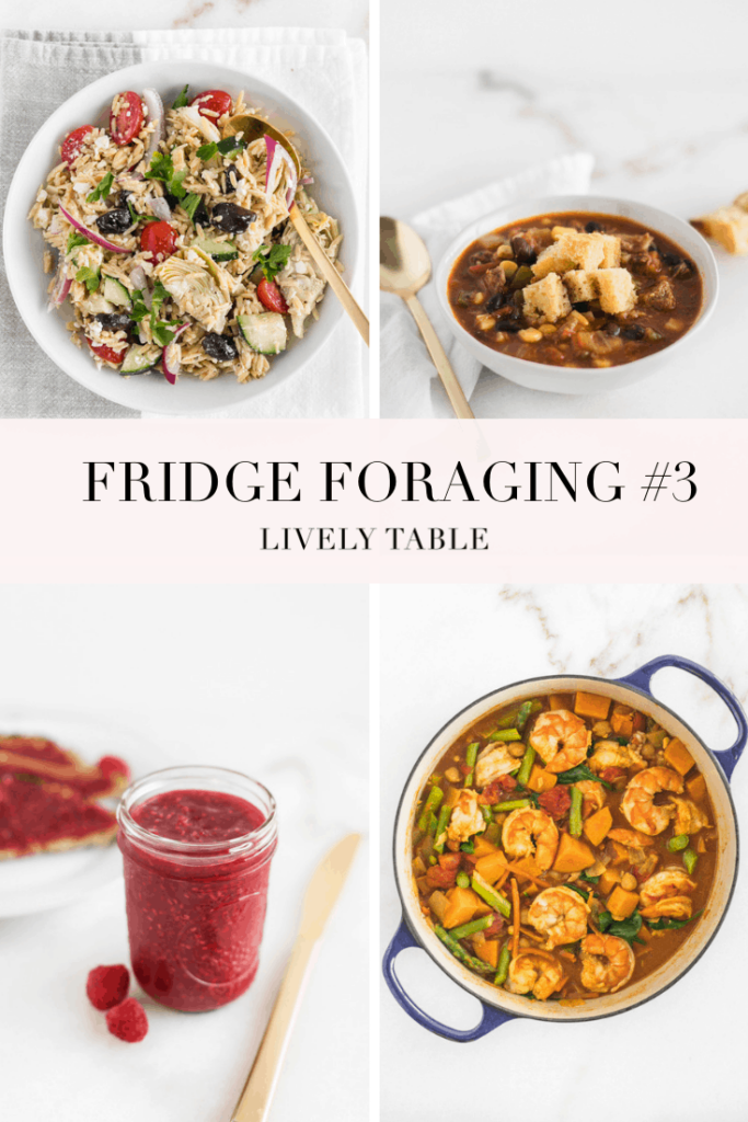 In the third installment of fridge foraging, I make Greek orzo salad, tamale soup, shrimp curry, raspberry jam, and a 'throw everything in the blender' smoothie. #endfoodwaste #fridgeforaging #foodwaste #sustainability #leftovers #livelytable