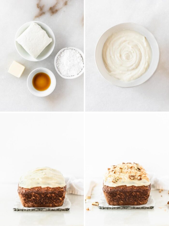 four image collage showing steps for making cream cheese frosting for healthy hummingbird banana bread.