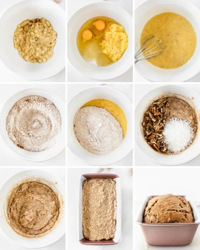 9 image collage showing steps for making healthy hummingbird banana bread.