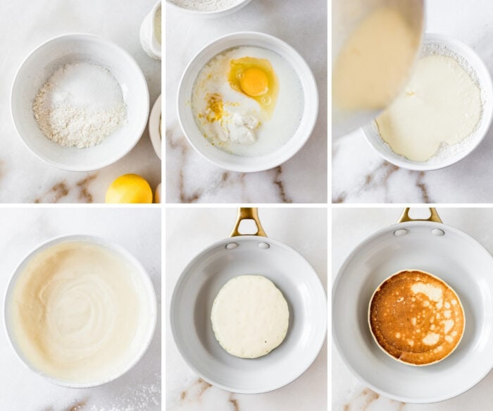 six image collage showing steps for making healthy lemon ricotta pancakes.