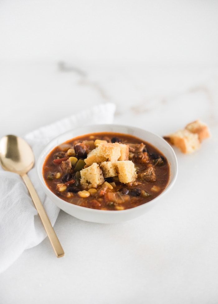 beef tamale soup with cornbread croutons