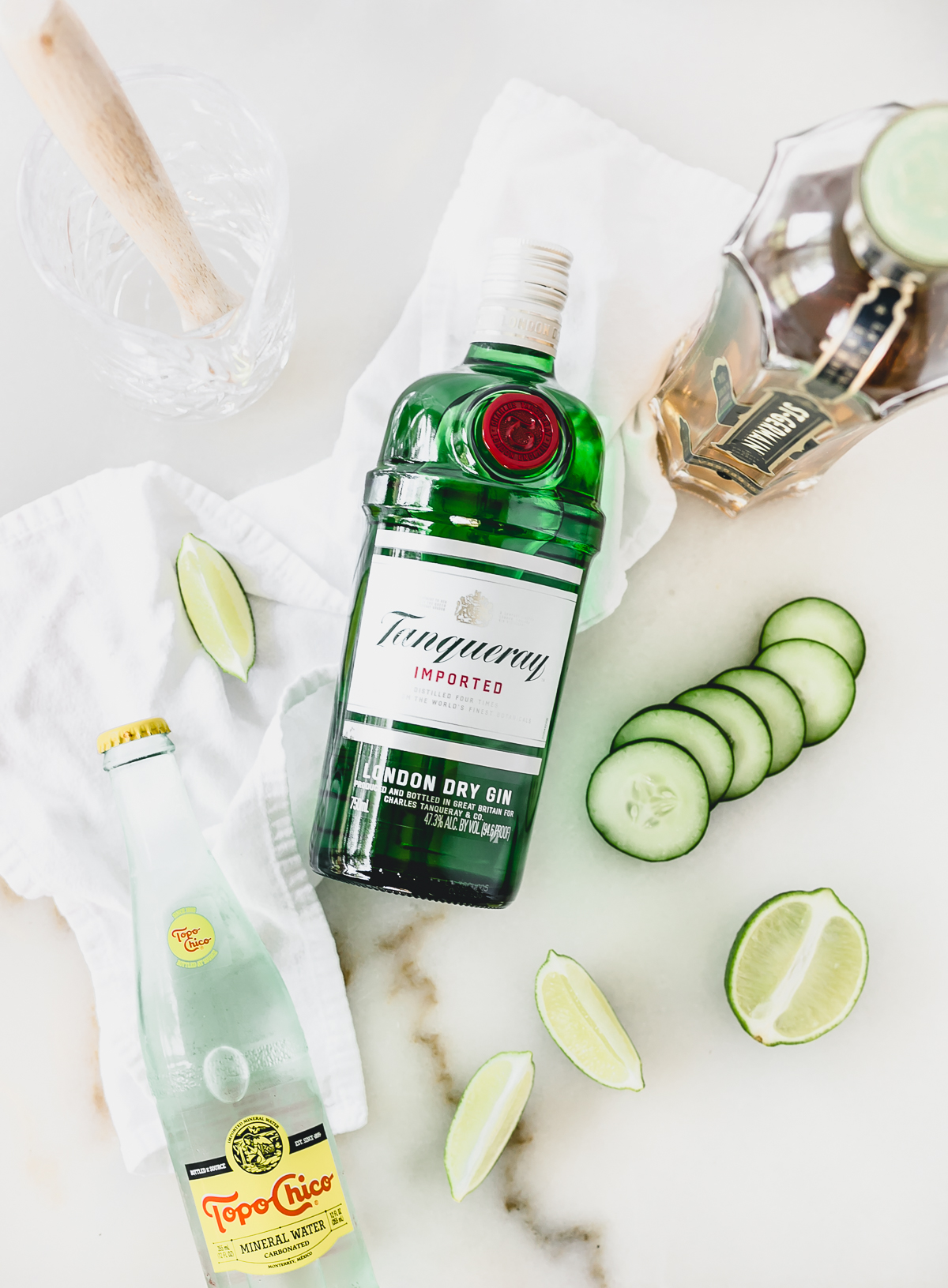 Overhead view of ingredient needed to make white linen cocktails.