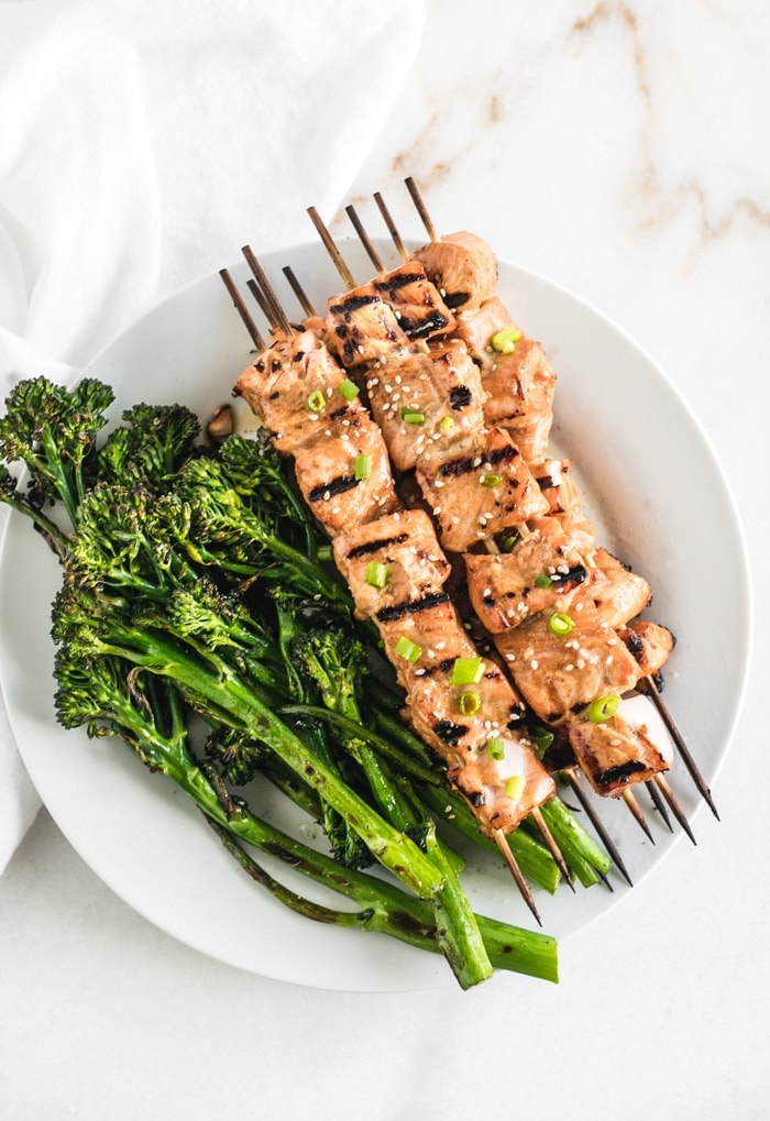 asian grilled salmon kabobs with broccolini