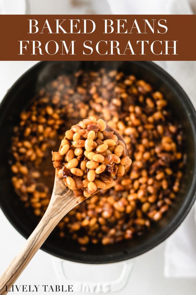overhead view of a wooden spoon filled with baked beans over a pot of beans with text overlay.