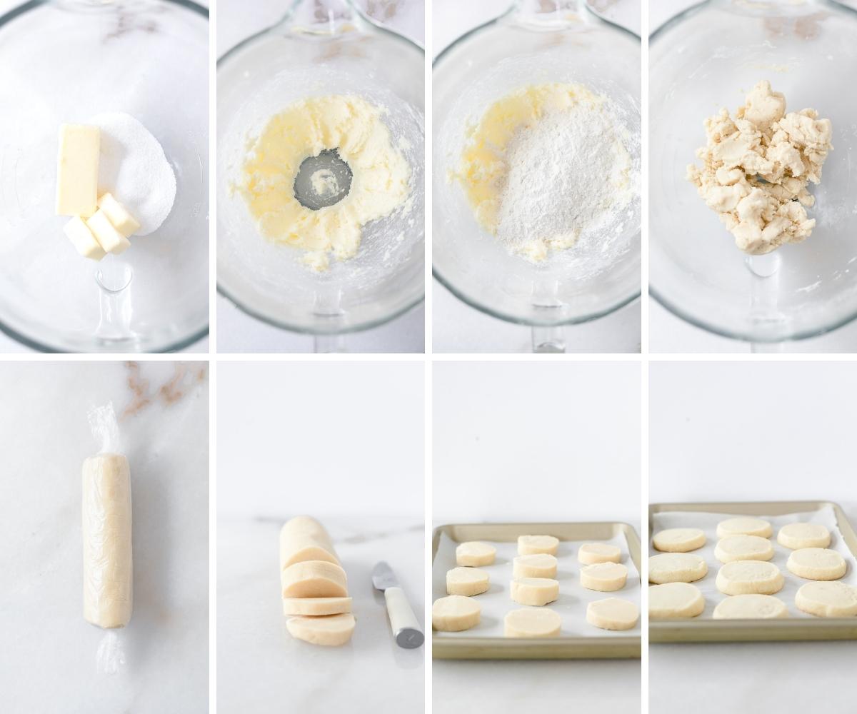 8 image collage showing steps for making lavender shortbread cookies.