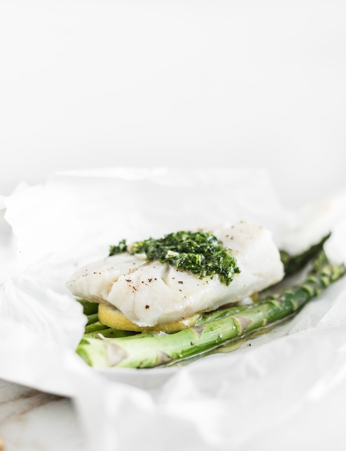 Atlantic Salmon & Asparagus en Papillote with Lemon Caper Sauce