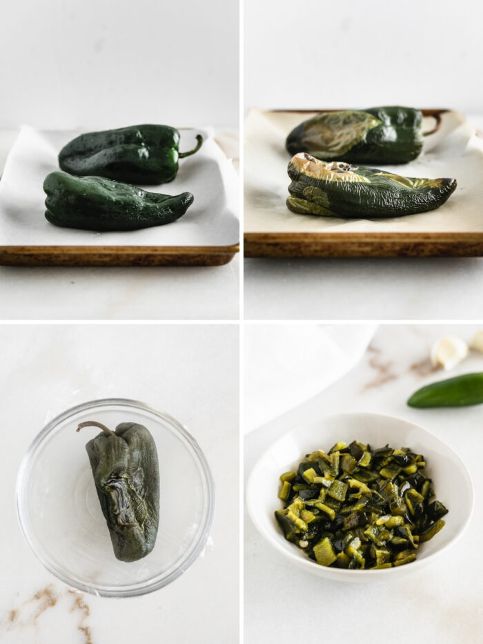 four image collage showing steps for roasting poblanos.