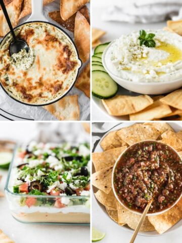 four image collage with healthy dip recipes.