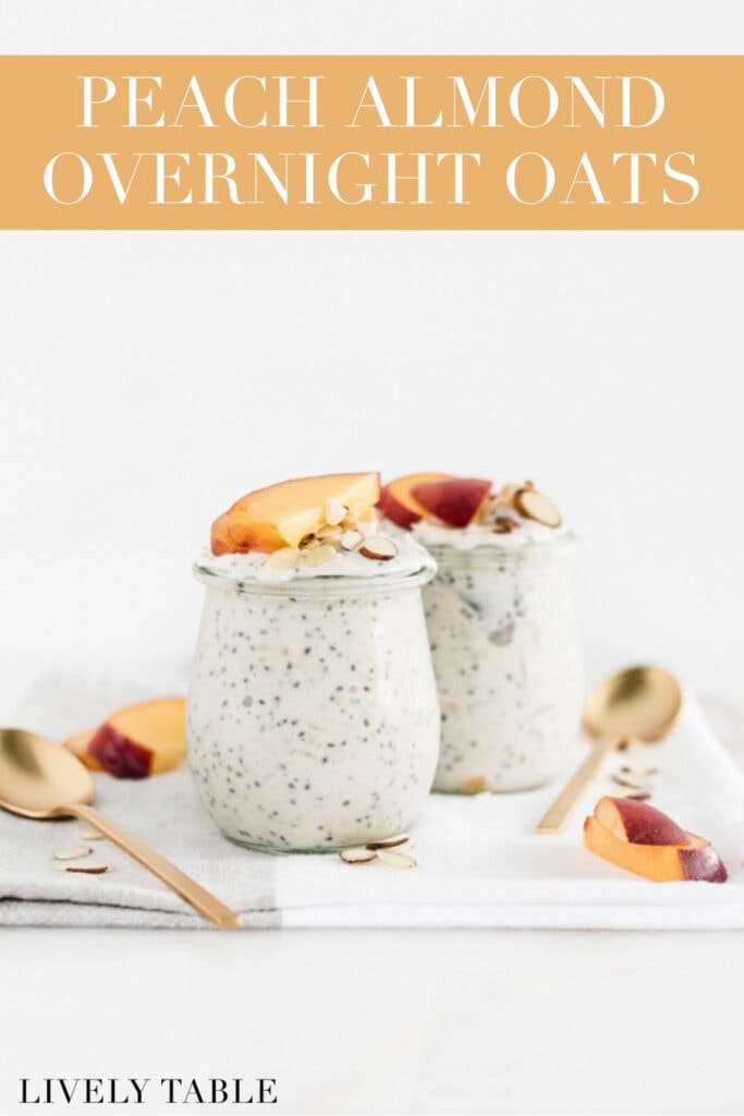peach overnight oats in 2 glass jars with spoons beside them on a white and grey napkin with text overlay.