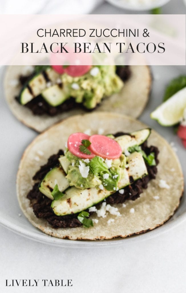Got summer zucchini? Make it into a delicious plant based meal with these charred zucchini black bean tacos! (#glutenfree, #vegan, #nutfree) #tacos #tacotuesday #zucchini #summer #recipes #healthy #plantbased #blackbeans #weeknightmeals