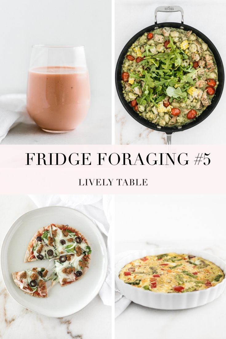In this month's installment of Fridge Foraging, I made a quick pita pizza, refreshing mango melon smoothie, summer corn chicken pesto gnocchi, and a veggie frittata! #fridgeforaging #livelytable #reducefoodwaste