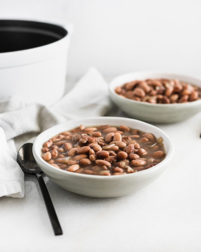 grey bowl of pinto beans with a black spoon beside it.