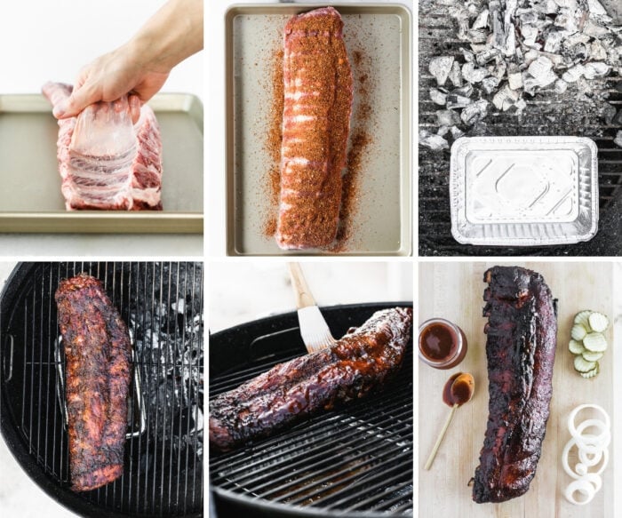 six image collage showing steps for preparing and grilling ribs on a charcoal grill.