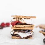 Two dark chocolate berry s'mores stacked on top of each other