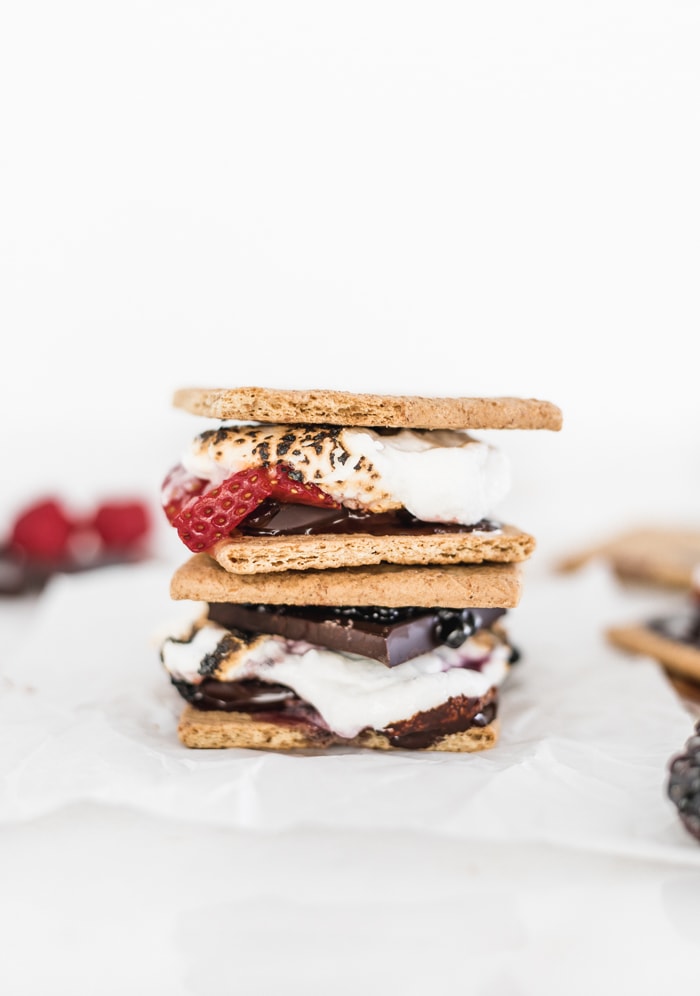 Two dark chocolate berry s'mores stacked on top of each other