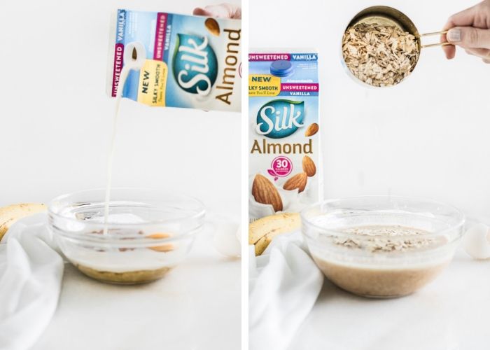 two side by side images of preparing baked oatmeal. The first is a bowl with almond milk being poured into it, the other is the bowl with oats being poured in. 