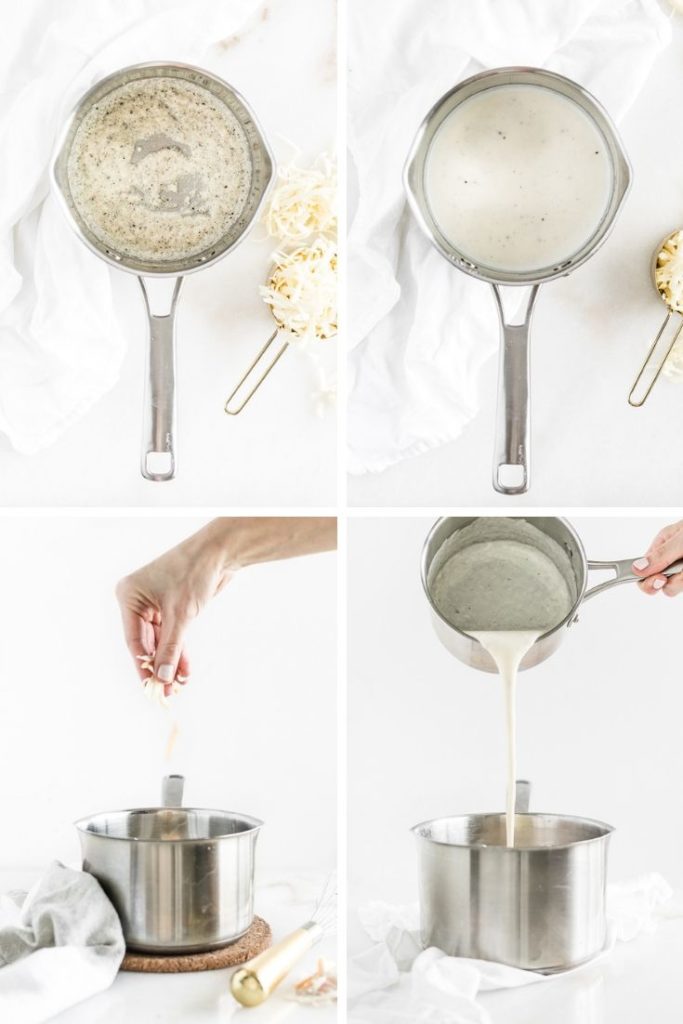 collage of four images showing how to make stove top mac and cheese, the roux, the milk mixture, adding the cheese, and pouring the cheese sauce into the pot of noodles.
