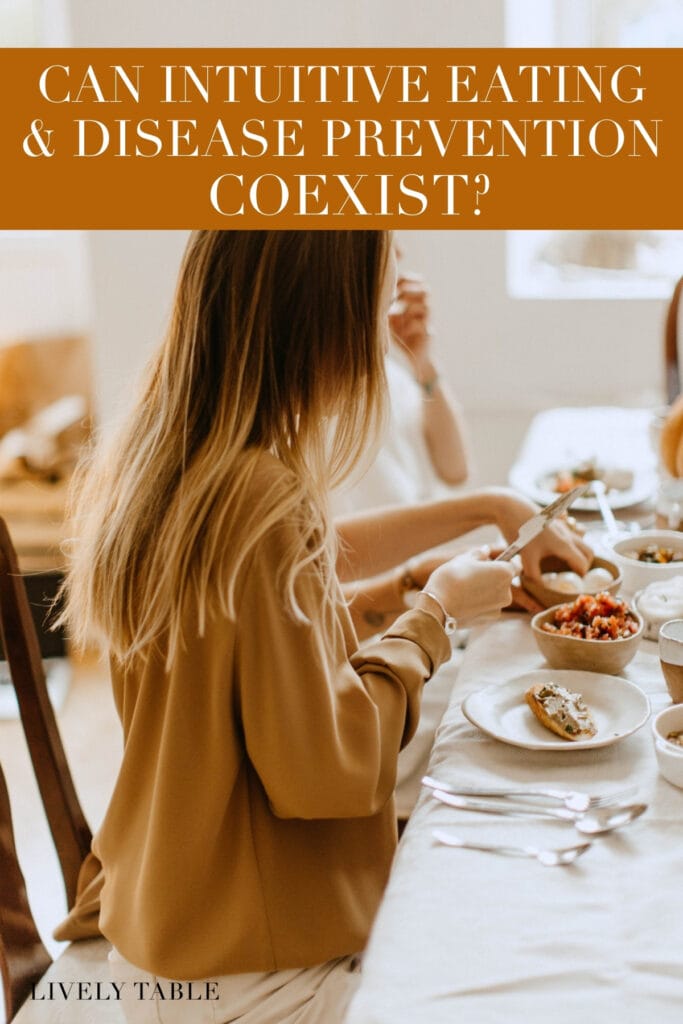 Pinterest image with text overlay of a woman in a tan shirt eating at a table with friends.
