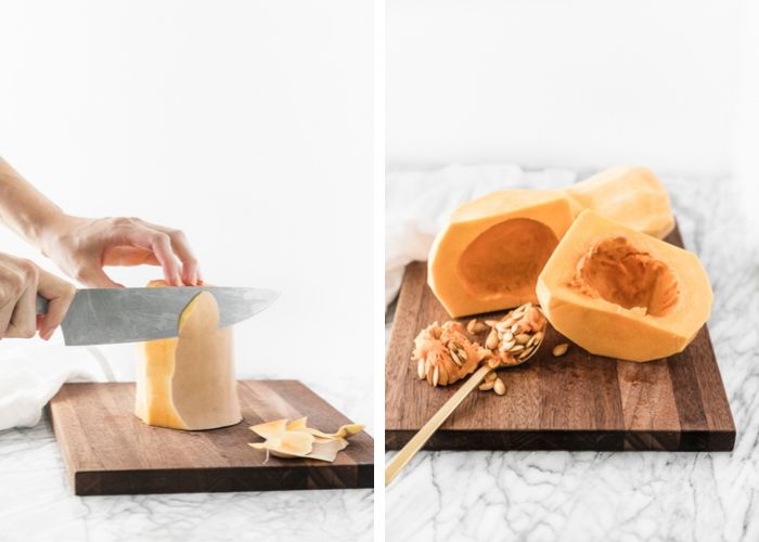 side by side photos showing how to prepare a buternut squash- one with two hands using a large knife to peel the skin from a butternut squash, one with a butternut squash with the seeds scooped out on a cutting board with a gold spoon.