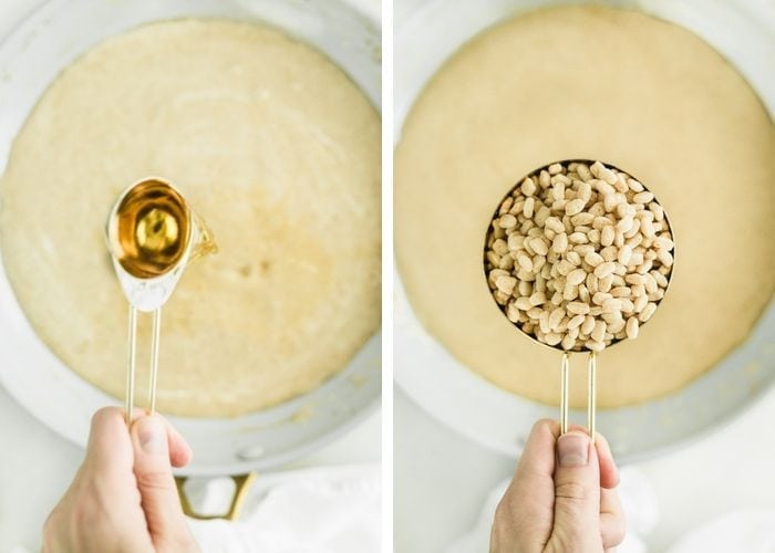 collage of two images showing bourbin being poured from a gold measuring spoon into marshmallow goo in a skillet, and rice krispies being poured into the marshmallows. 