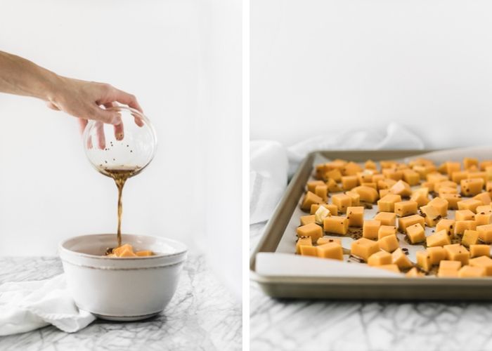 side by side photos - one with a hand pouring dressing into a white bowl with butternut squash cubes, the other with raw butternut squash cubes spread on a baking sheet.